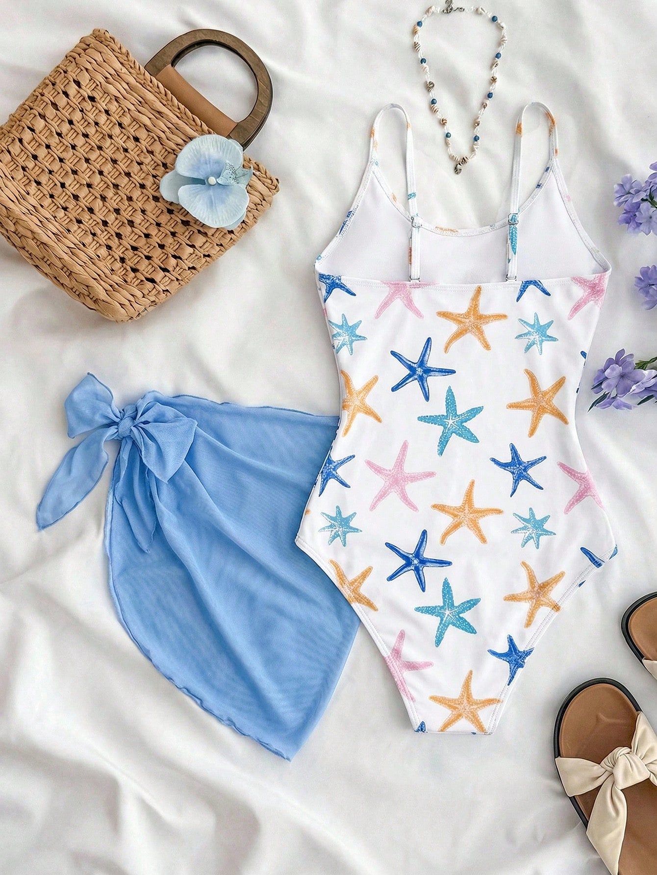 Tween Girls Blue White Vacation Ditsy Floral Side Bow Decor Casual One-Piece Swimwear With Cover-Up Skirt Starfish Beach Set Outfit Bathing Suit