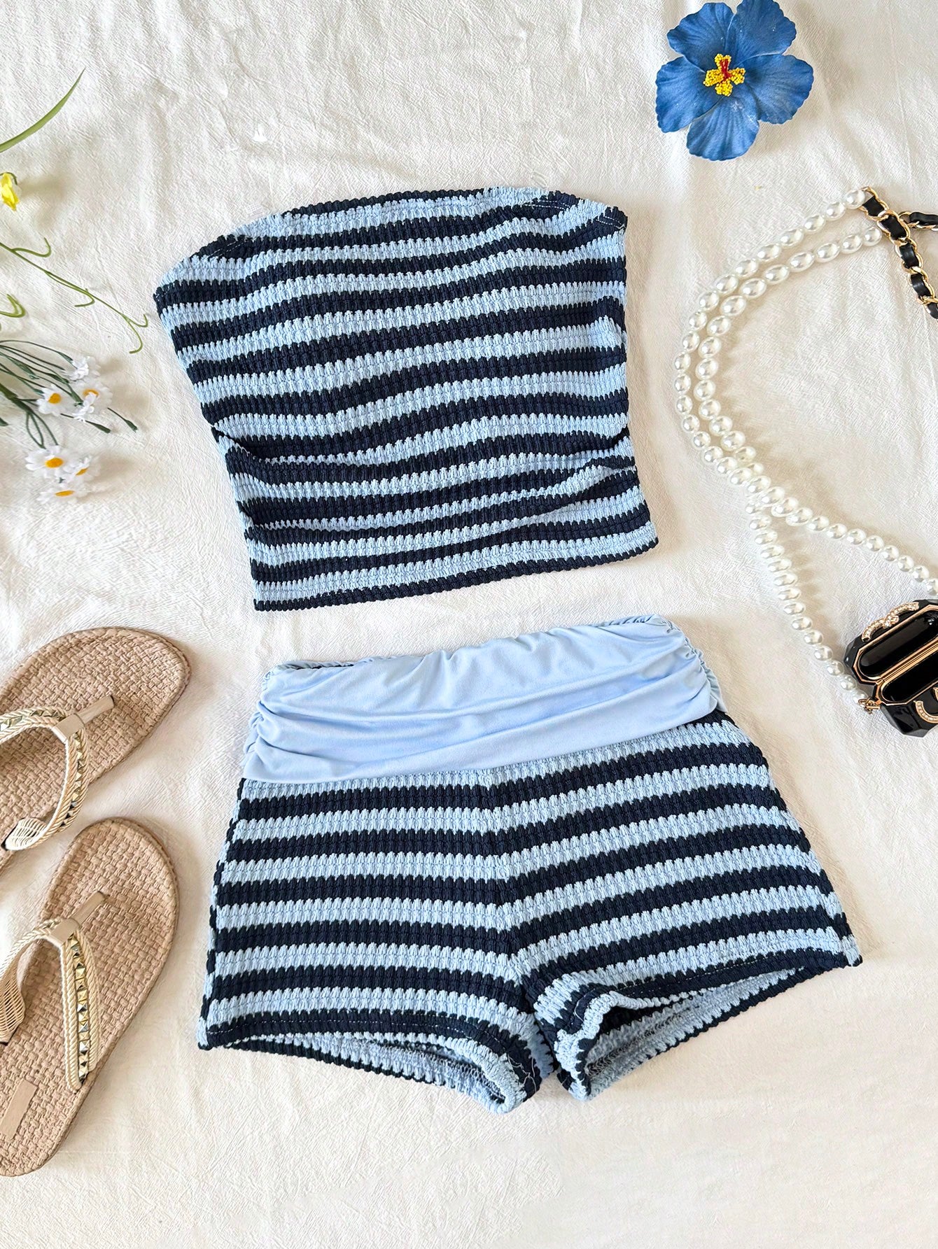 Black striped rib-knit halter tank top with lettuce trim and matching casual shorts for tween girls.