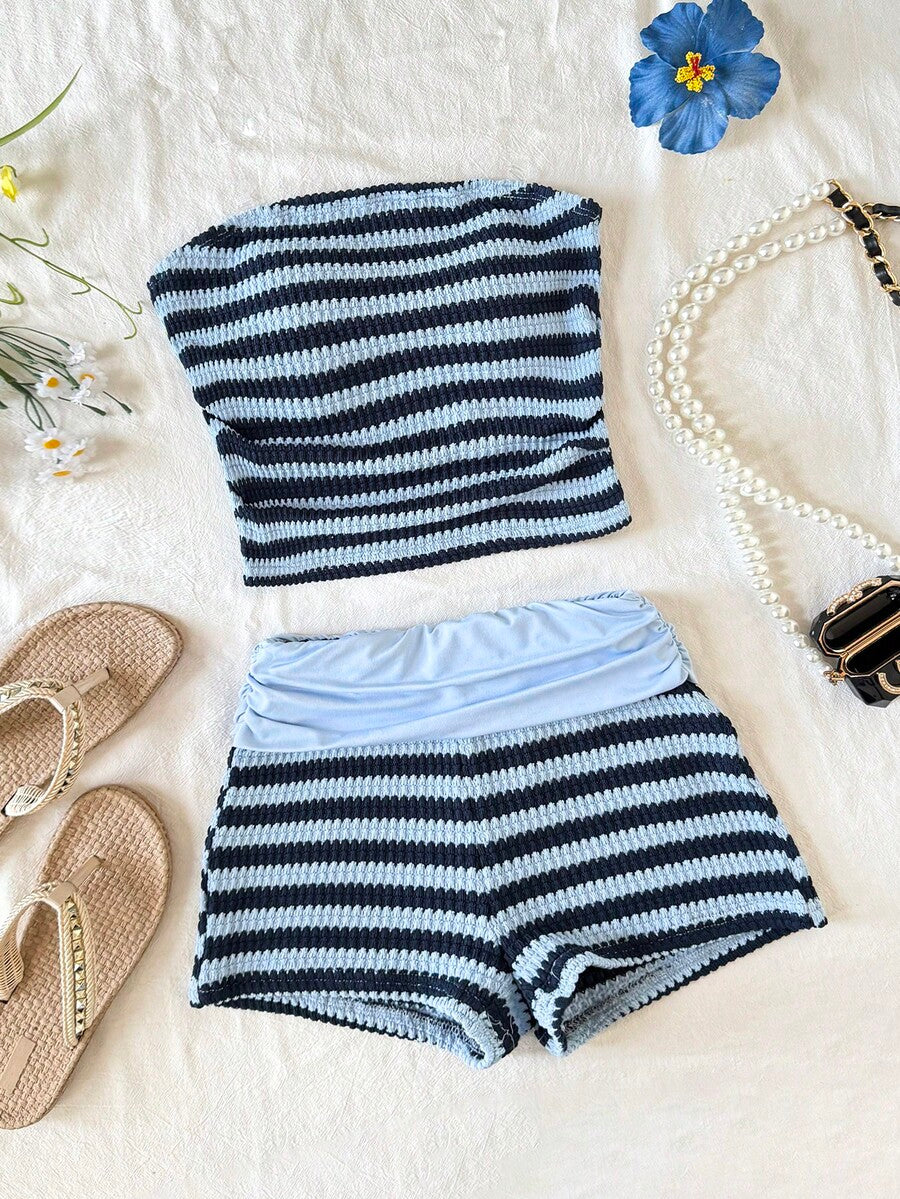 Black striped rib-knit halter tank top with lettuce trim and matching casual shorts for tween girls.