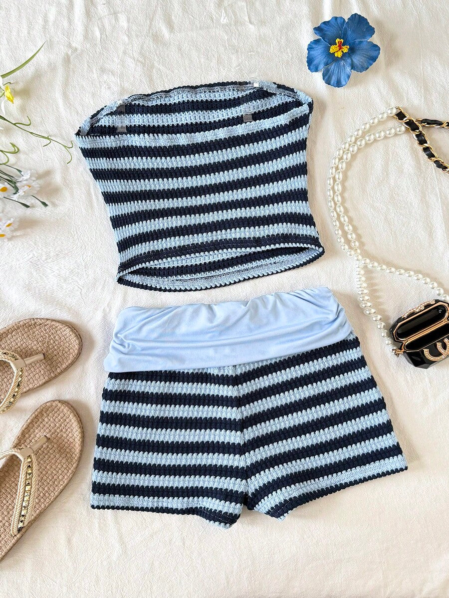 Black striped rib-knit halter tank top with lettuce trim and matching casual shorts for tween girls.