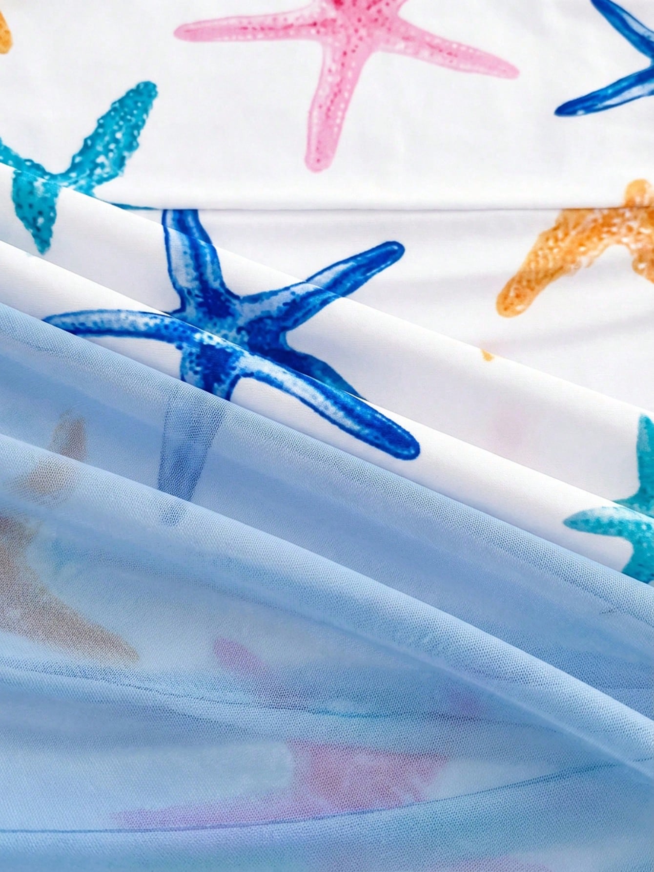 Tween Girls Blue White Vacation Ditsy Floral Side Bow Decor Casual One-Piece Swimwear With Cover-Up Skirt Starfish Beach Set Outfit Bathing Suit
