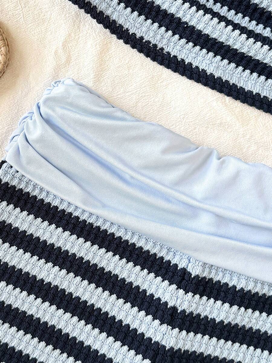 Black striped rib-knit halter tank top with lettuce trim and matching casual shorts for tween girls.