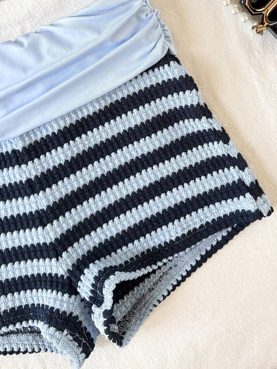 Black striped rib-knit halter tank top with lettuce trim and matching casual shorts for tween girls.