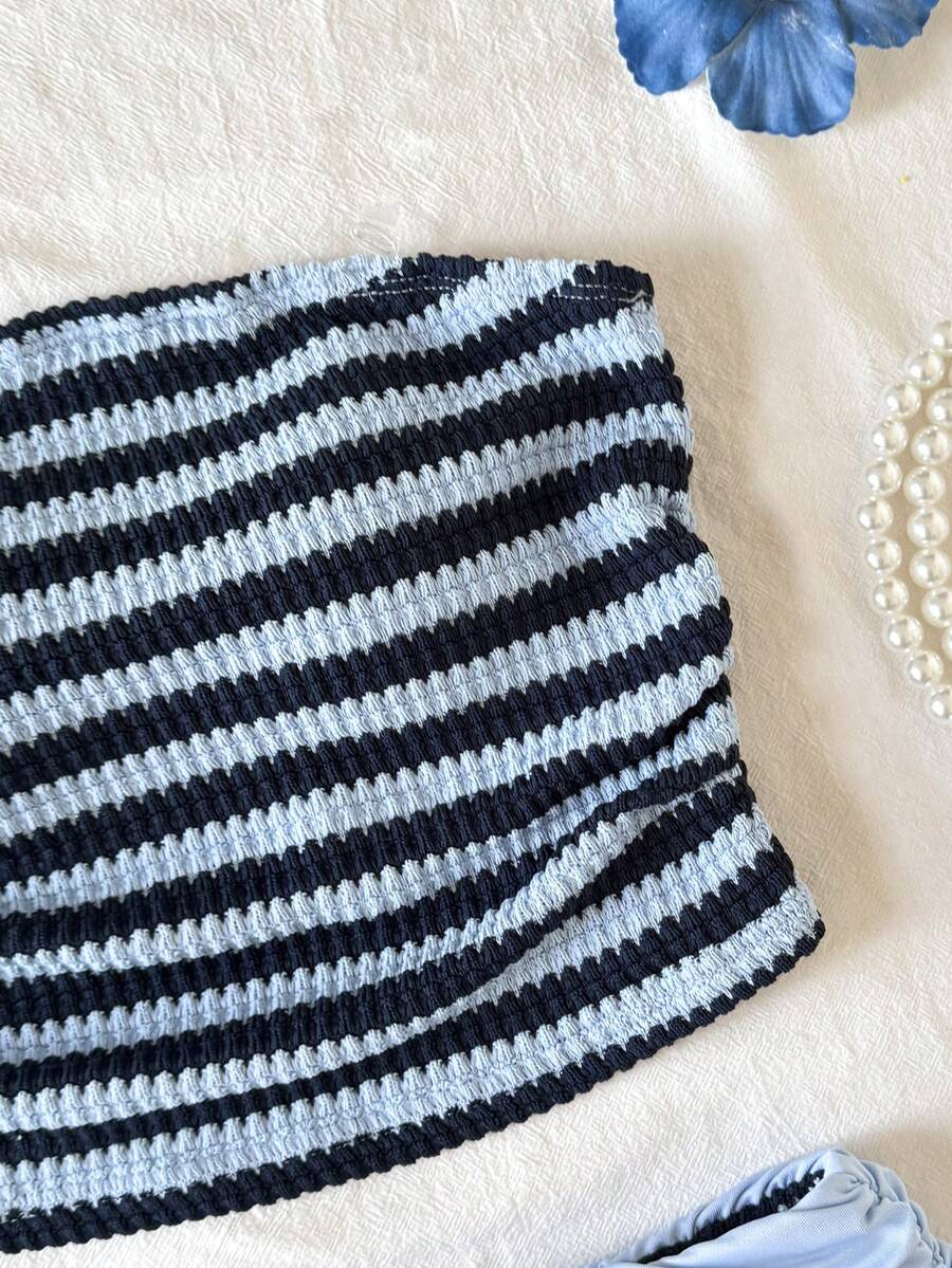 Black striped rib-knit halter tank top with lettuce trim and matching casual shorts for tween girls.