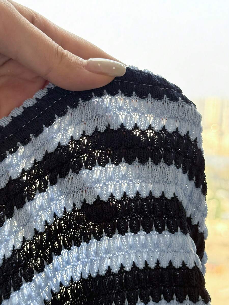 Black striped rib-knit halter tank top with lettuce trim and matching casual shorts for tween girls.