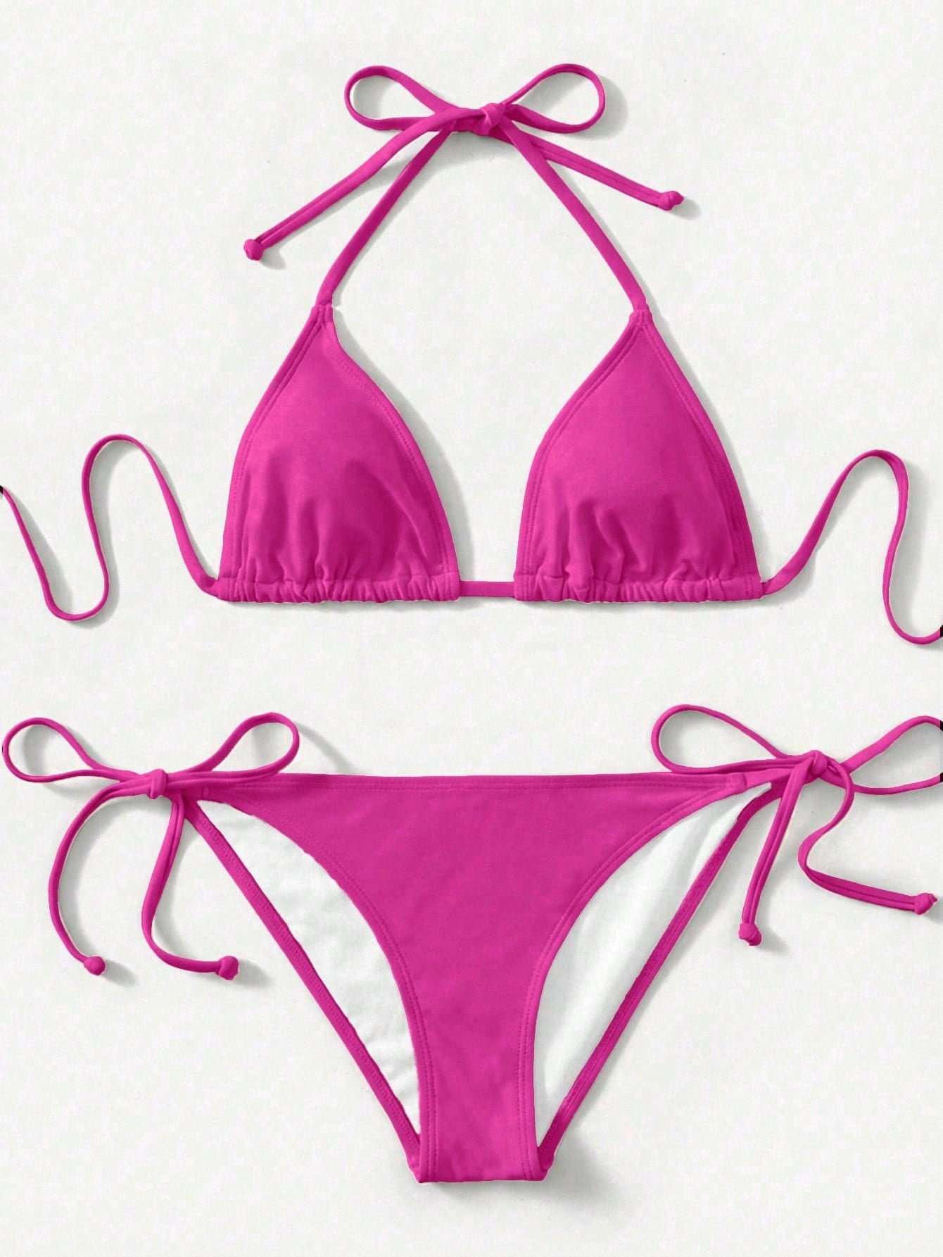 Women's high waist halter tie bikini swimwear set featuring triangle cups, wireless bra with removable padding, and tie side bottoms.