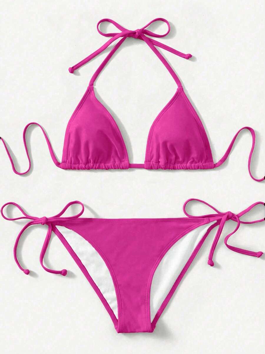 Women's high waist halter tie bikini swimwear set featuring triangle cups, wireless bra with removable padding, and tie side bottoms.