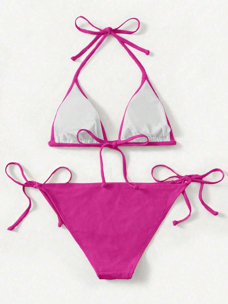 Women's high waist halter tie bikini swimwear set featuring triangle cups, wireless bra with removable padding, and tie side bottoms.