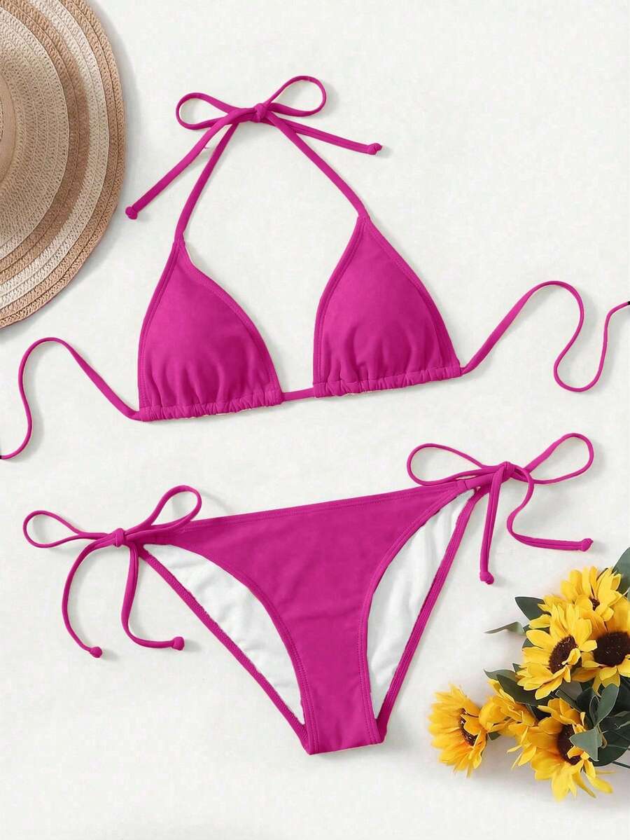 Women's high waist halter tie bikini swimwear set featuring triangle cups, wireless bra with removable padding, and tie side bottoms.