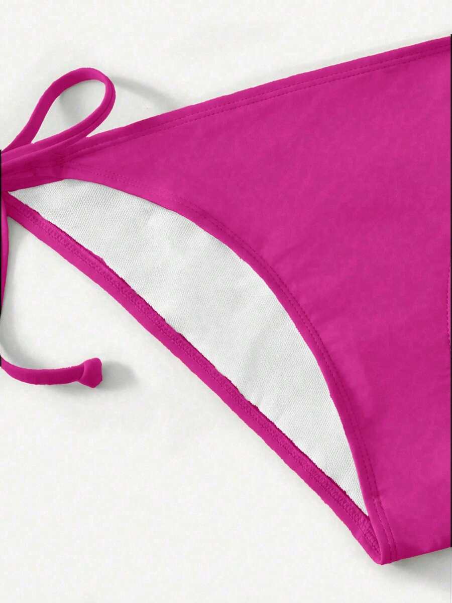 Women's high waist halter tie bikini swimwear set featuring triangle cups, wireless bra with removable padding, and tie side bottoms.