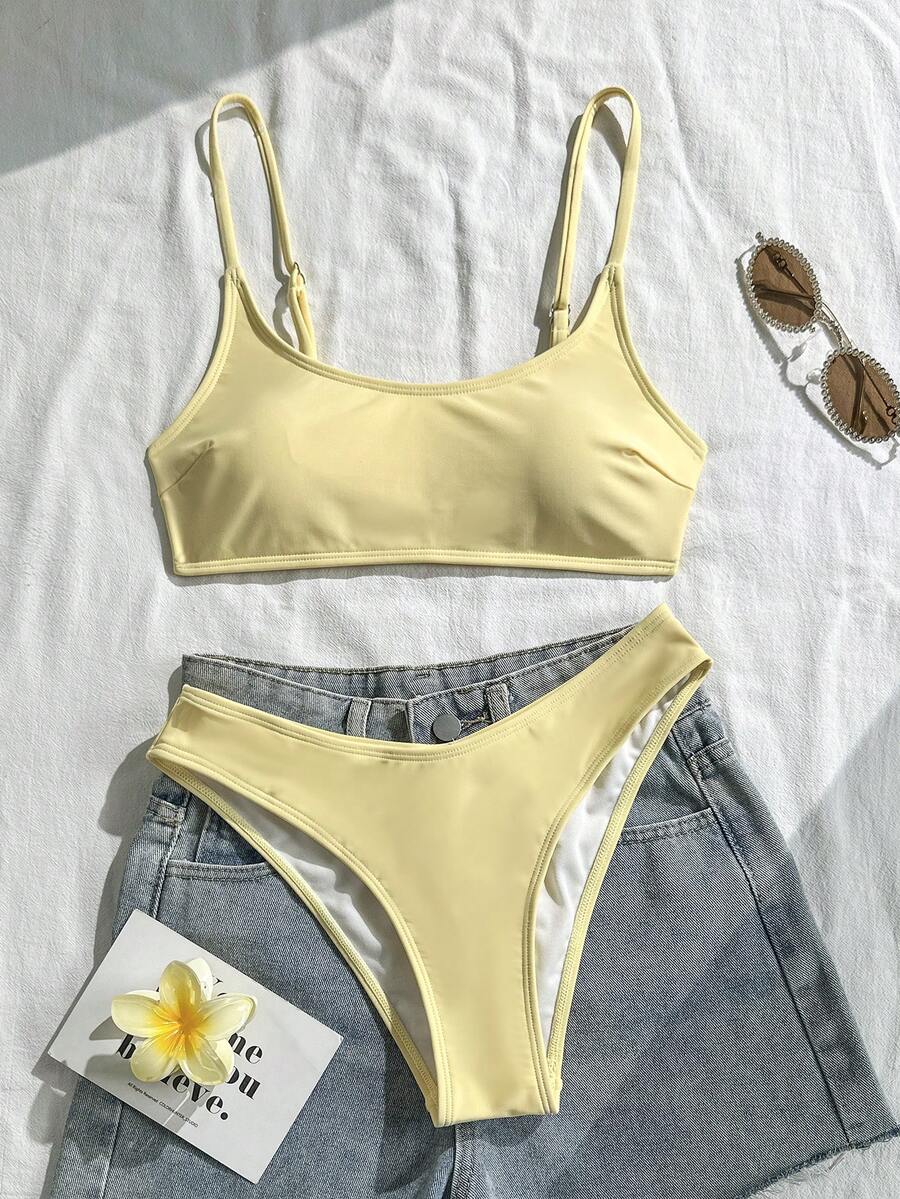 Apricot ribbed high waist two piece bikini swimsuit set for women featuring backless spaghetti strap top and high waisted bottoms.