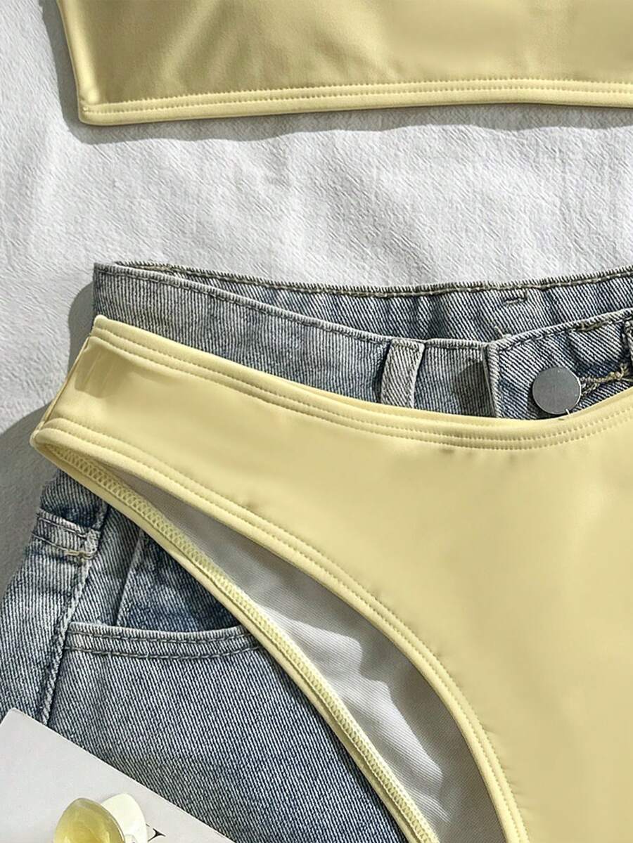 Apricot ribbed high waist two piece bikini swimsuit set for women featuring backless spaghetti strap top and high waisted bottoms.
