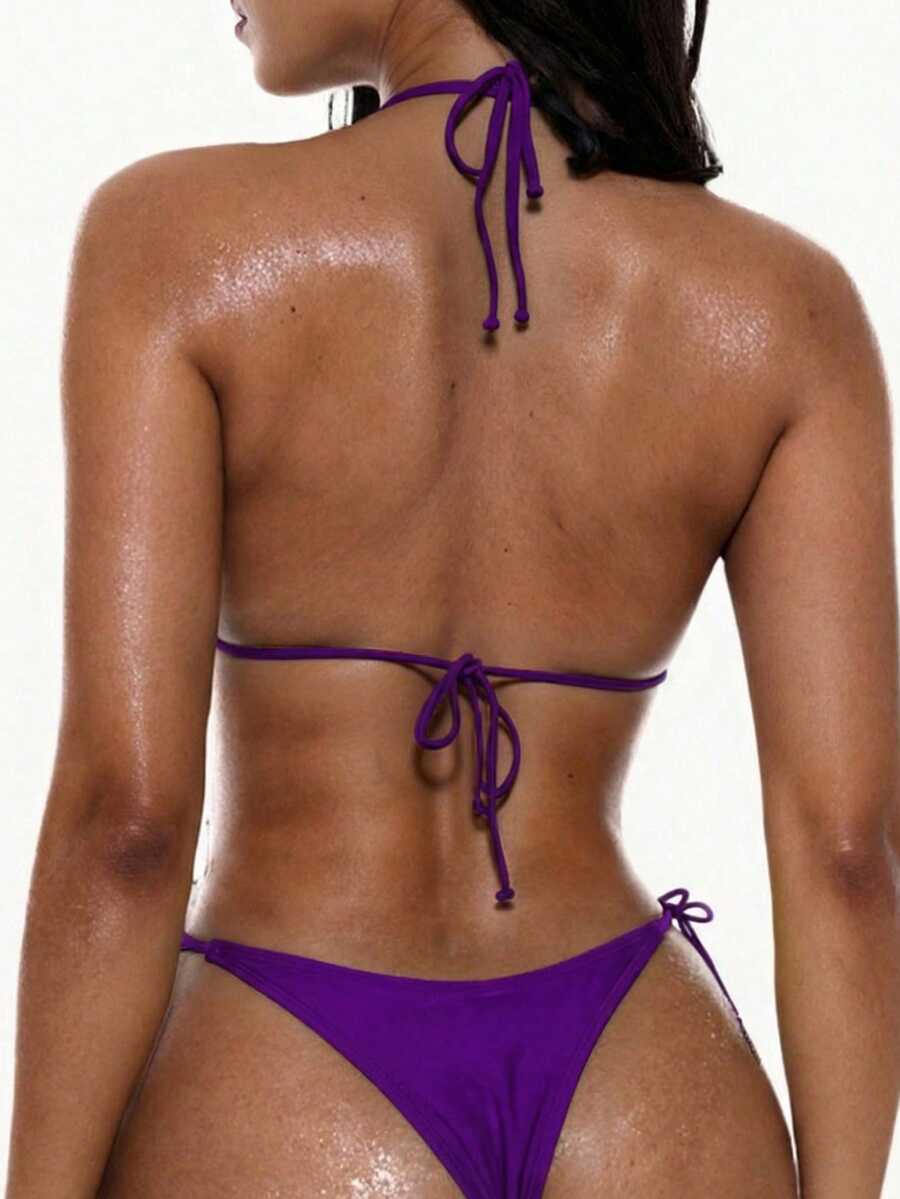 Apricot plain halter triangle bikini swimwear set with tie back top and low waist tie side thong bottom for women