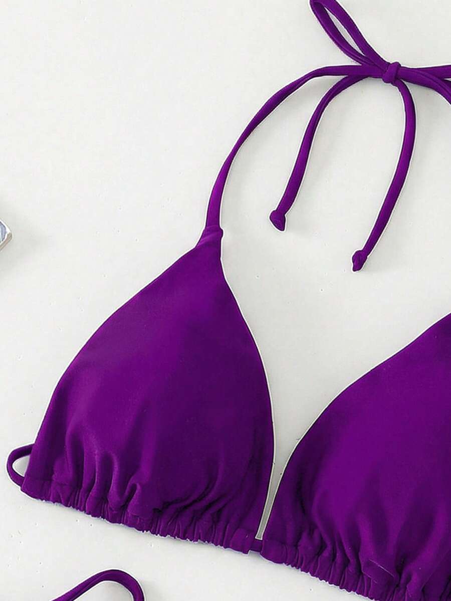 Apricot plain halter triangle bikini swimwear set with tie back top and low waist tie side thong bottom for women