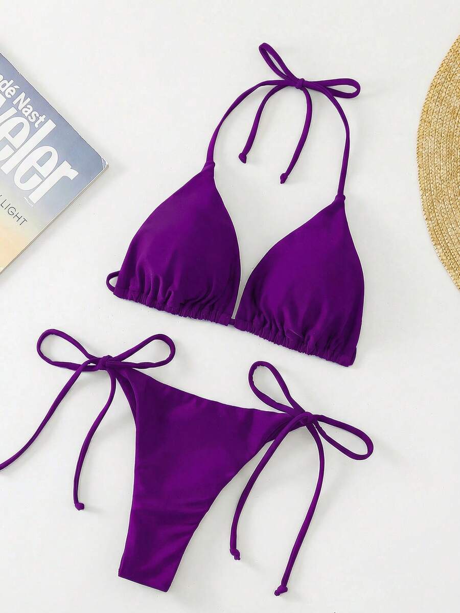Apricot plain halter triangle bikini swimwear set with tie back top and low waist tie side thong bottom for women