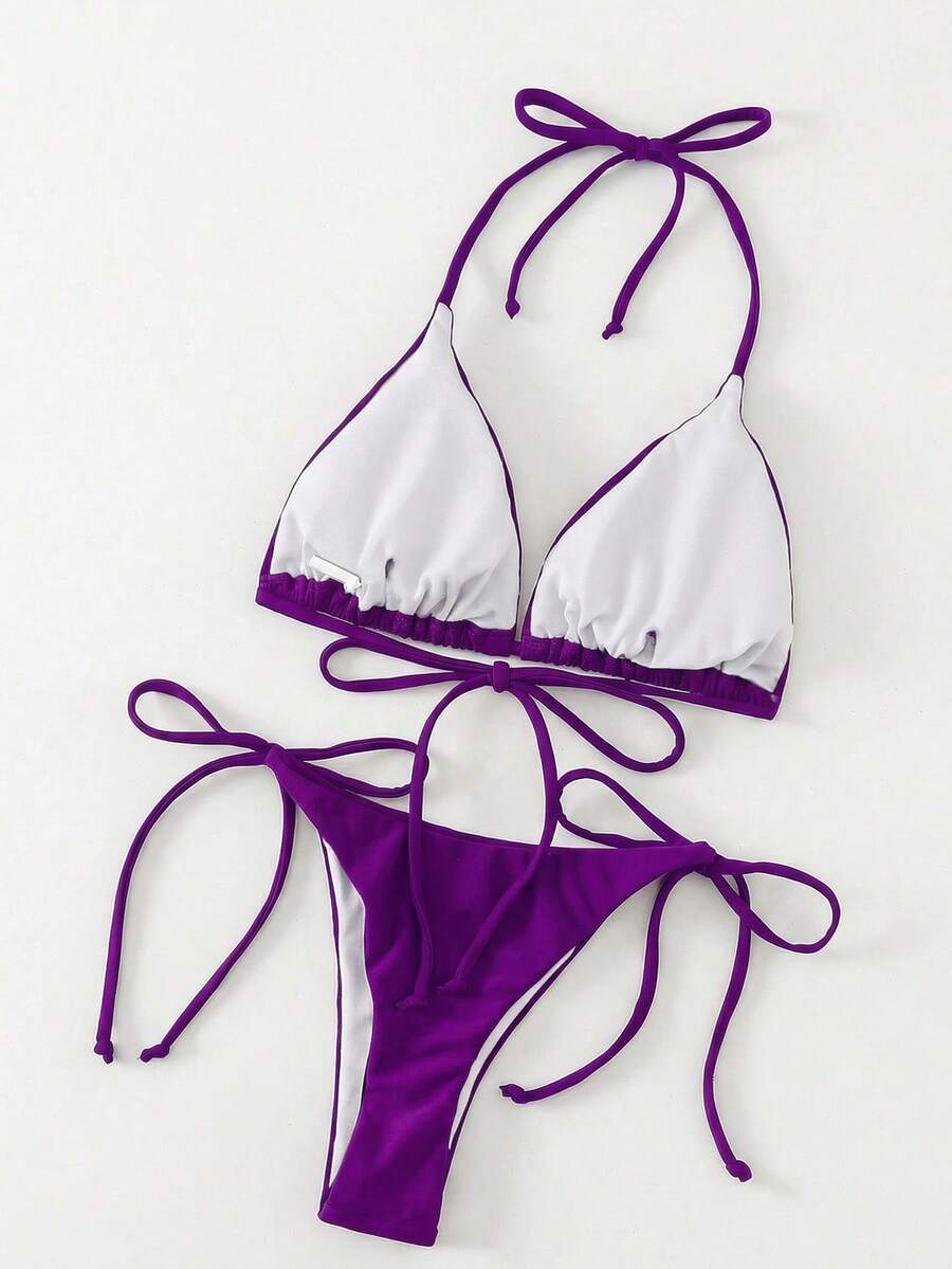 Apricot plain halter triangle bikini swimwear set with tie back top and low waist tie side thong bottom for women