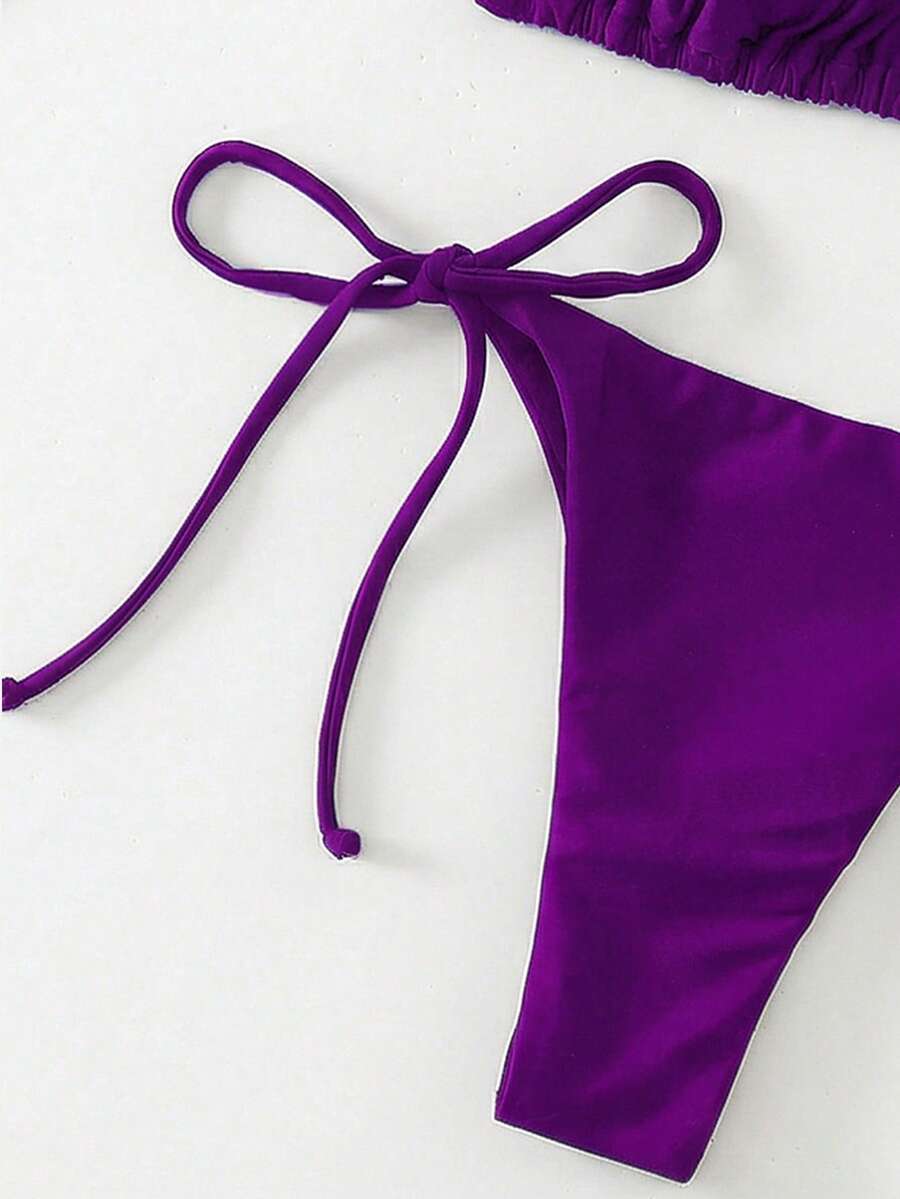 Apricot plain halter triangle bikini swimwear set with tie back top and low waist tie side thong bottom for women