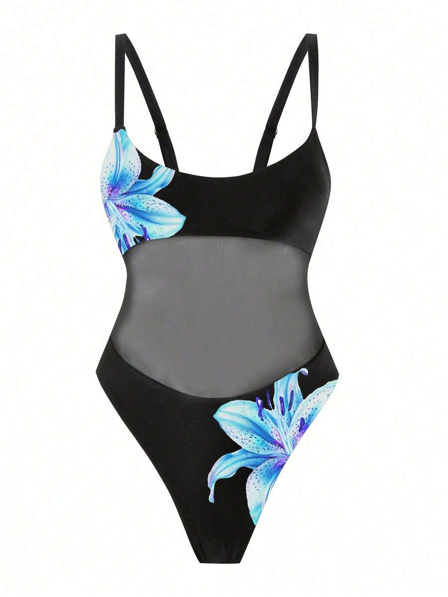 Black floral print mesh patchwork one-piece swimsuit for women featuring spaghetti straps, V-wired triangle cups, and a high waist silhouette.