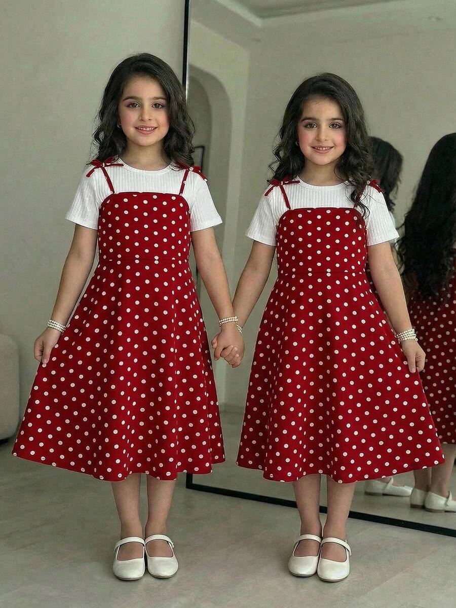 Tween girls' black and white ditsy floral plant print high waist flared camisole dress with a short sleeve t-shirt set.