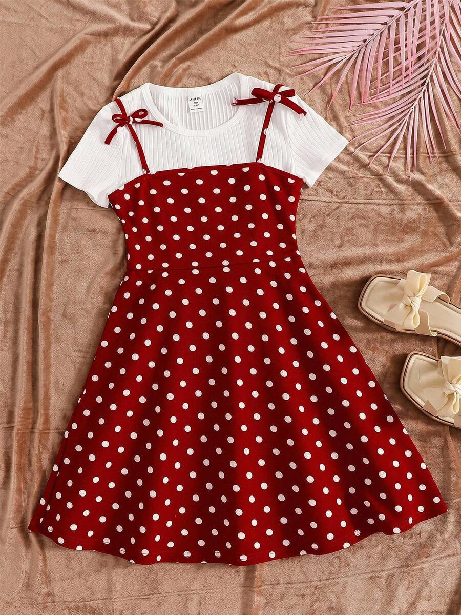 Tween girls' black and white ditsy floral plant print high waist flared camisole dress with a short sleeve t-shirt set.