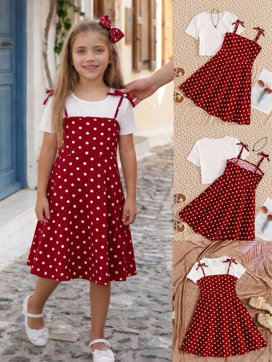Tween girls' black and white ditsy floral plant print high waist flared camisole dress with a short sleeve t-shirt set.
