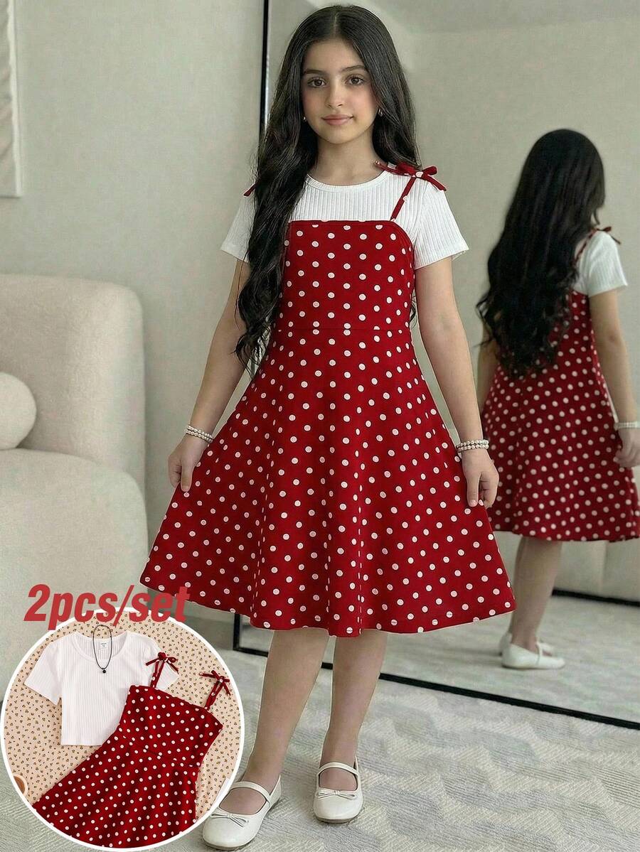 Tween girls' black and white ditsy floral plant print high waist flared camisole dress with a short sleeve t-shirt set.