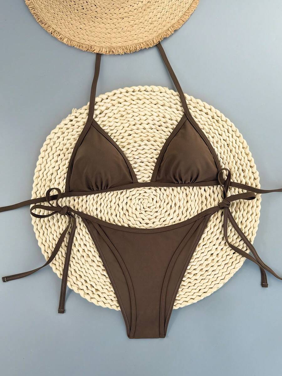 Women's apricot solid halter tie bikini top with triangle cups and matching tie-side swimsuit bottoms.