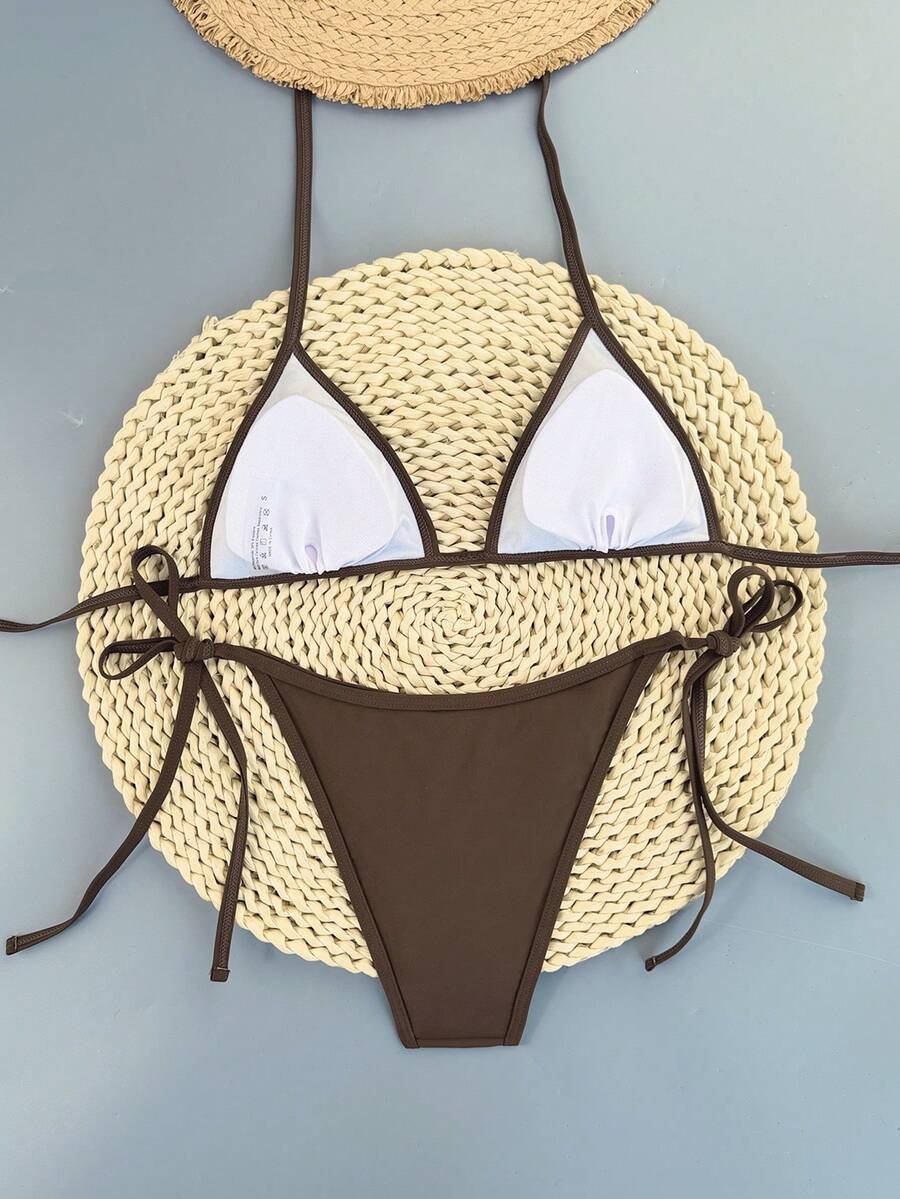 Women's apricot solid halter tie bikini top with triangle cups and matching tie-side swimsuit bottoms.