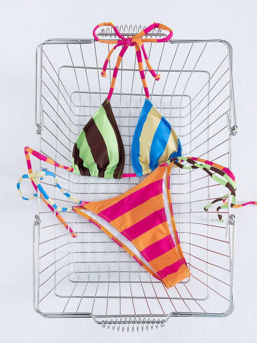 Women's striped halter bikini top with removable padding and matching tie-side low-waist swimsuit bottoms.