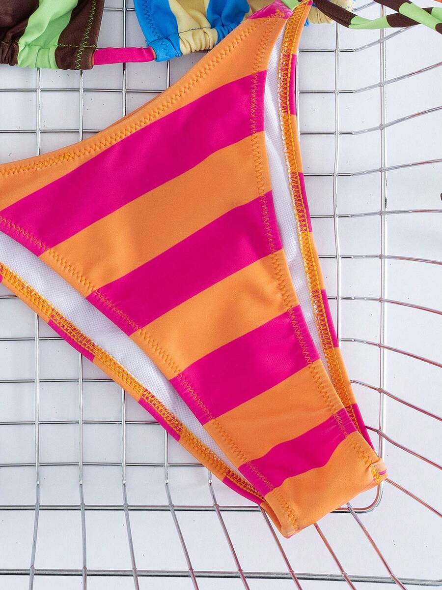 Women's striped halter bikini top with removable padding and matching tie-side low-waist swimsuit bottoms.