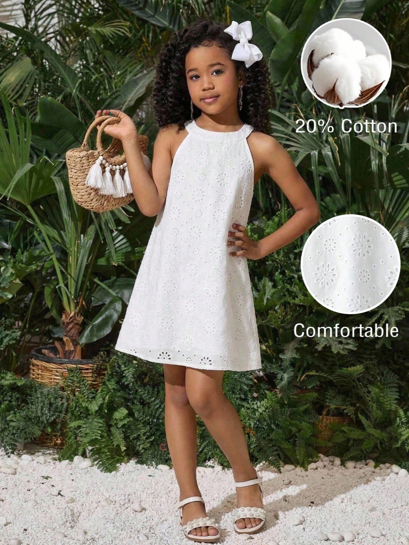 Tween girls floral halter A-line dress with contrast lace, applique and fringe details, sleeveless short length in polyester