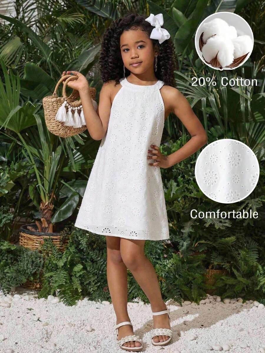 Tween girls floral halter A-line dress with contrast lace, applique and fringe details, sleeveless short length in polyester