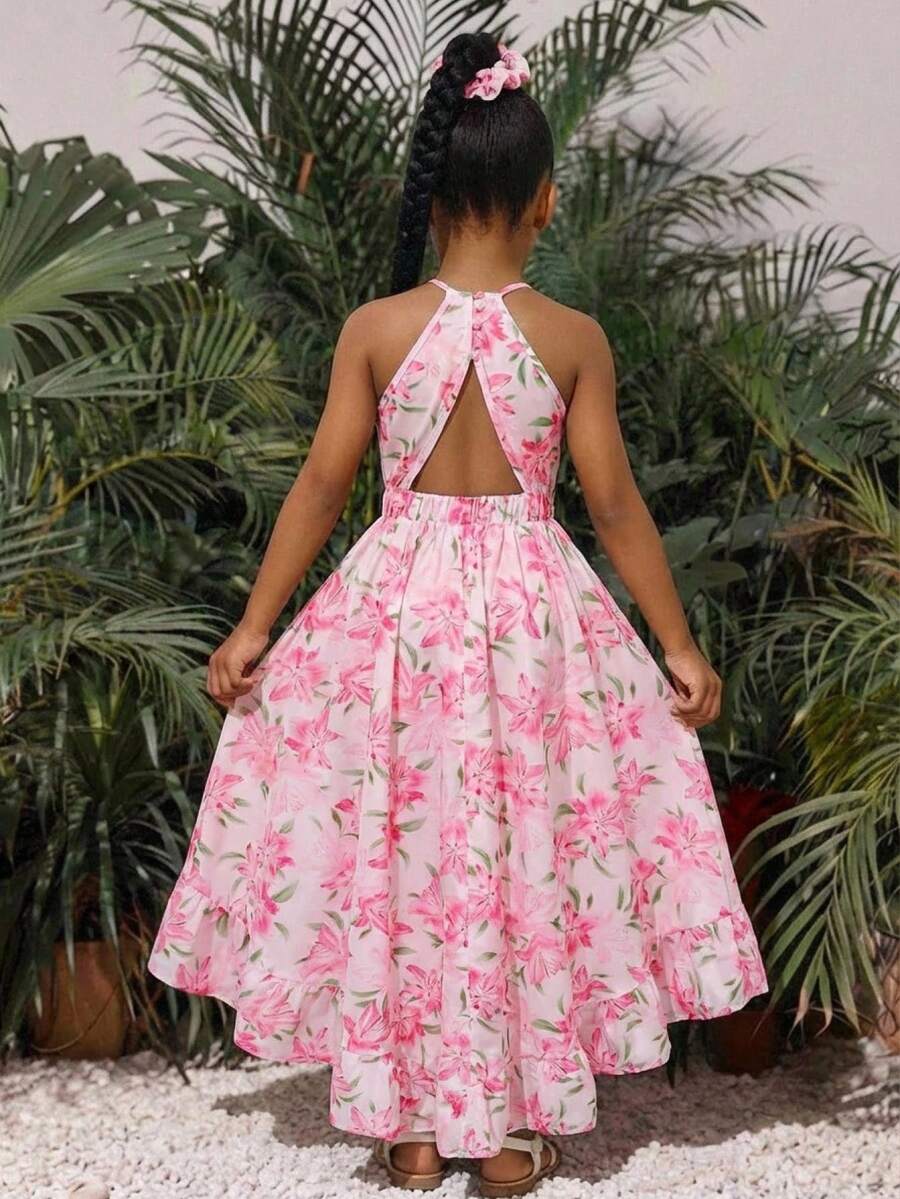 Pink floral print asymmetrical cami dress for tween girls featuring a high waist, sleeveless design, halter neckline, and back zipper.