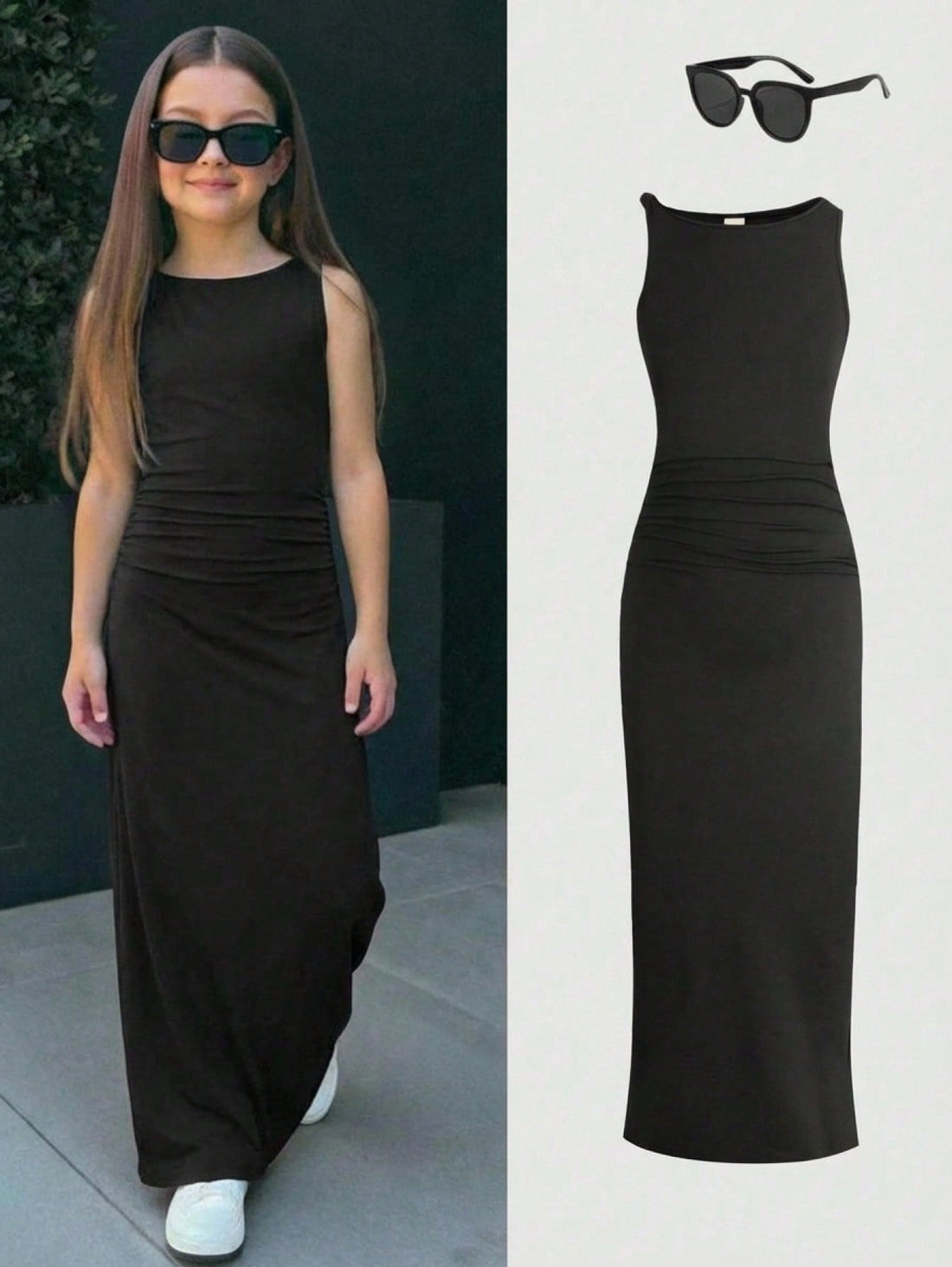Tween girls halter dress in multicolor Christmas pattern with sleeveless cami design, split detail, slim fit, and long vacation style