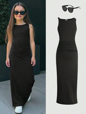 Tween girls halter dress in multicolor Christmas pattern with sleeveless cami design, split detail, slim fit, and long vacation style