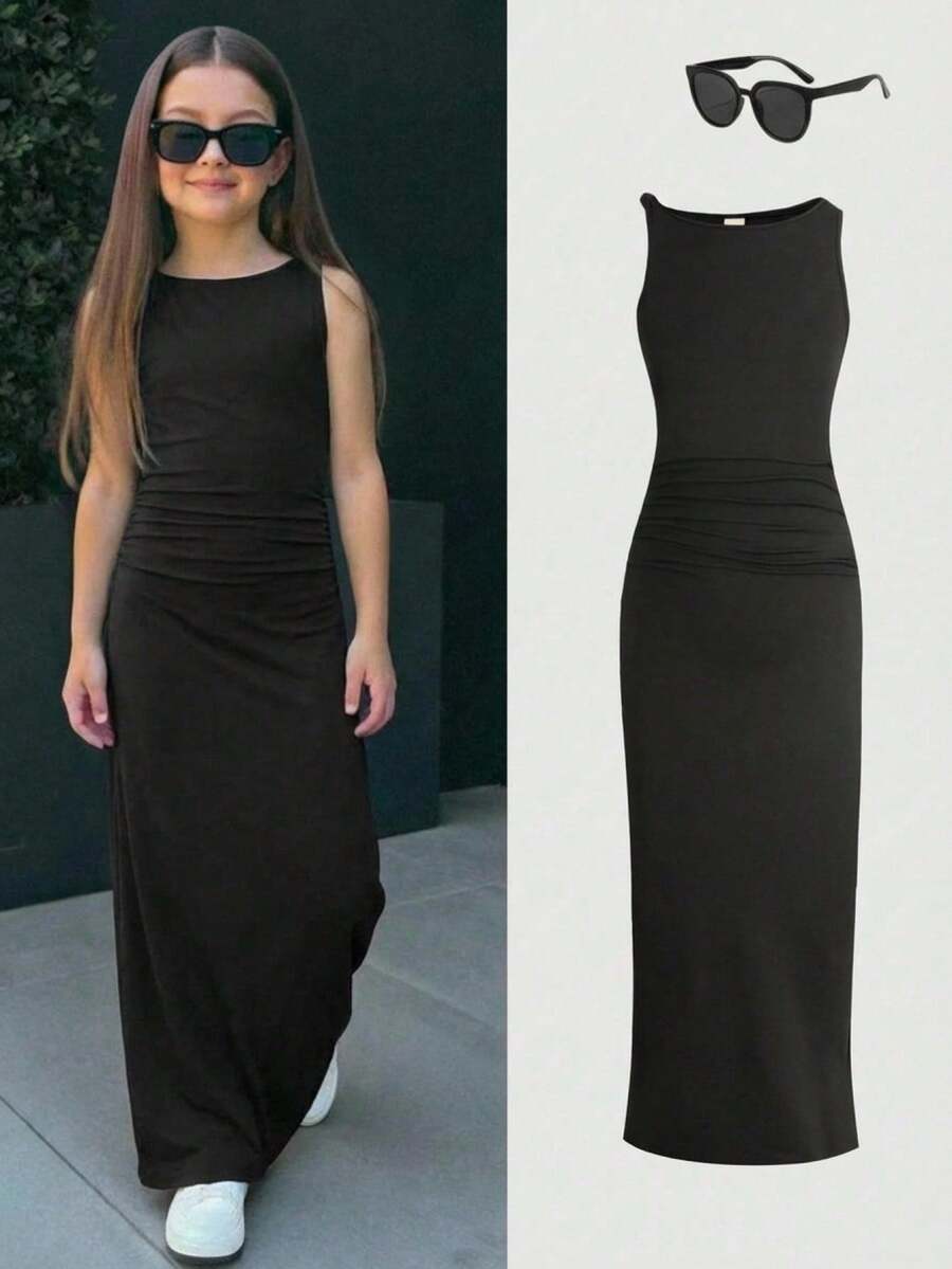 Tween girls halter dress in multicolor Christmas pattern with sleeveless cami design, split detail, slim fit, and long vacation style