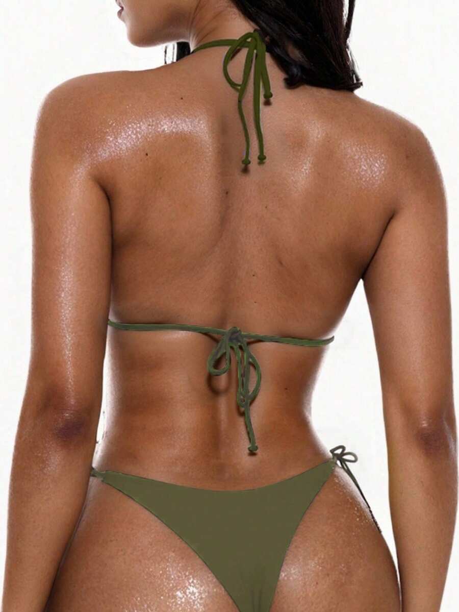 Apricot plain halter triangle bikini swimwear set with tie back top and low waist tie side thong bottom for women