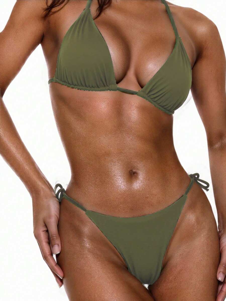 Apricot plain halter triangle bikini swimwear set with tie back top and low waist tie side thong bottom for women