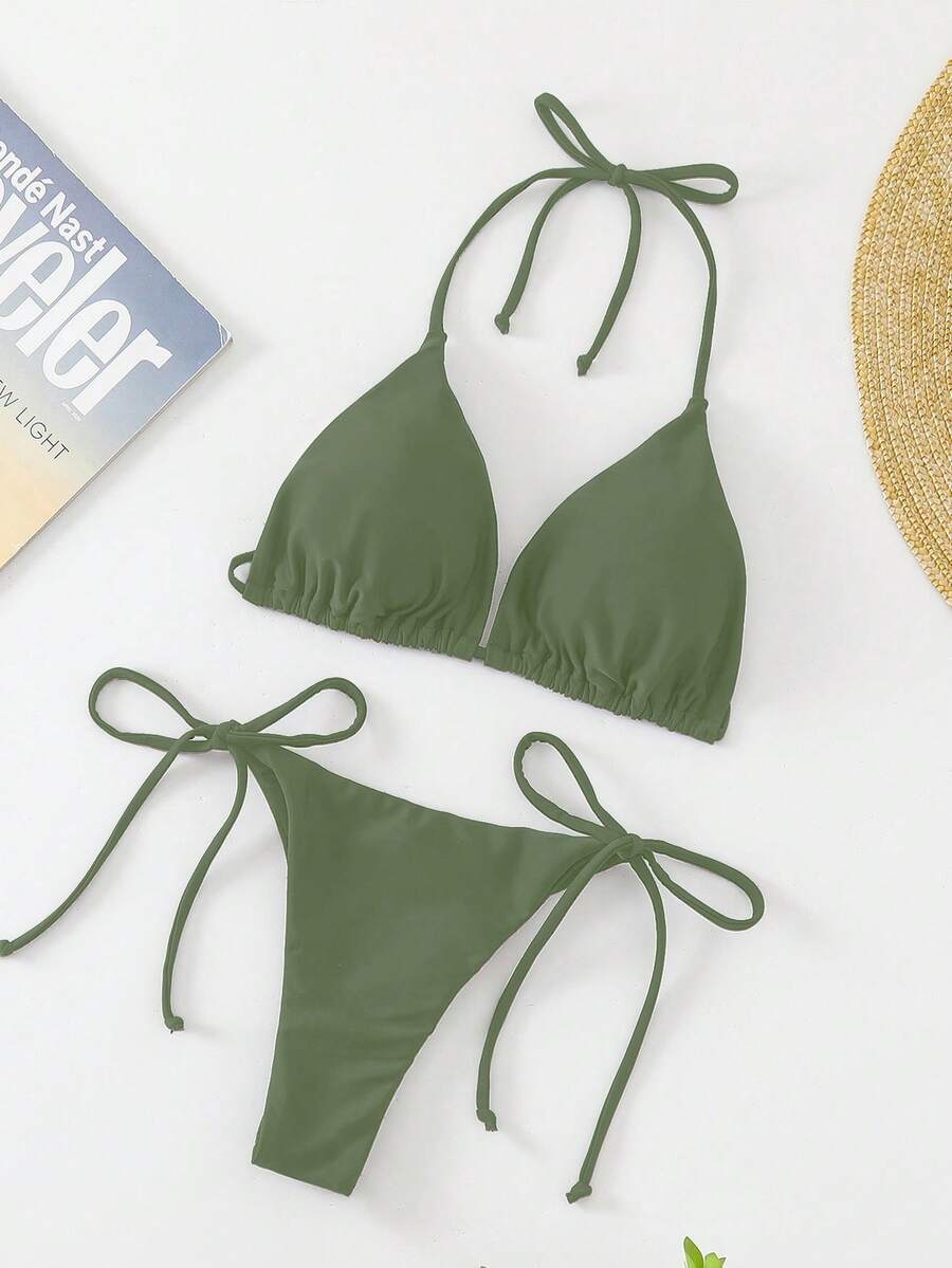 Apricot plain halter triangle bikini swimwear set with tie back top and low waist tie side thong bottom for women