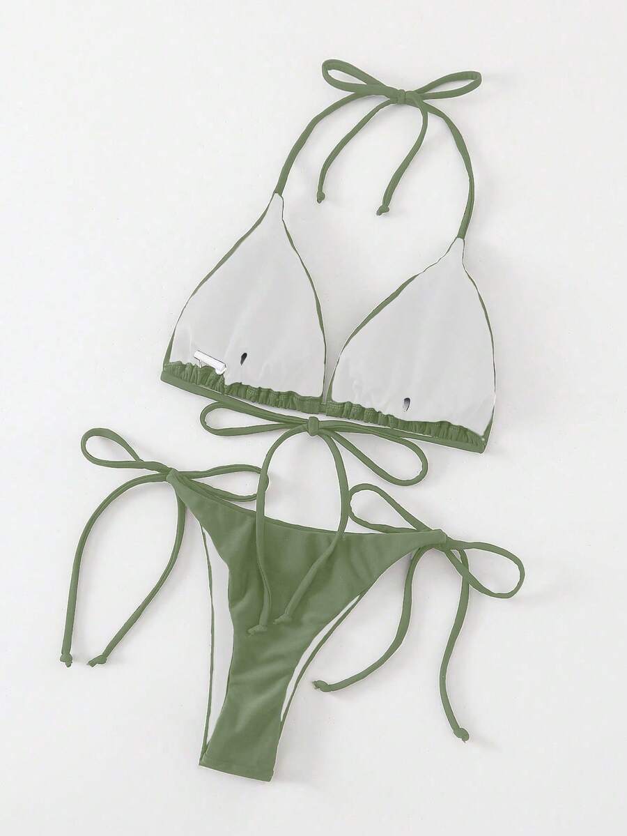 Apricot plain halter triangle bikini swimwear set with tie back top and low waist tie side thong bottom for women