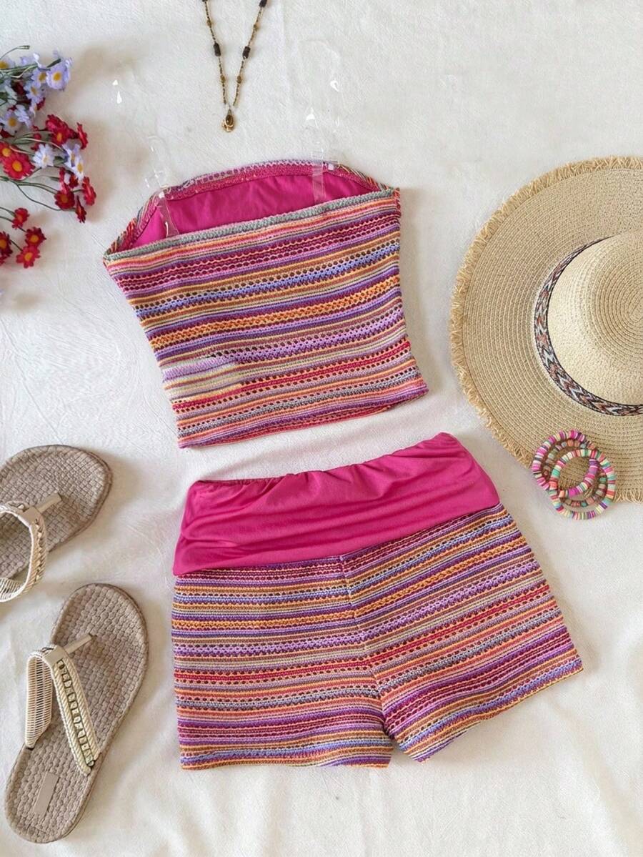 Black striped rib-knit halter tank top with lettuce trim and matching casual shorts for tween girls.