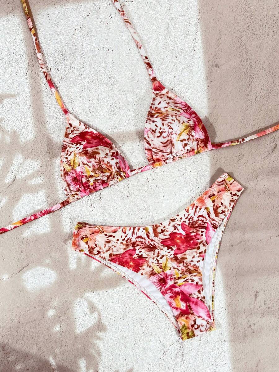 Women's apricot 2-piece halter bikini set featuring a wireless triangle top with tie-back detail and high-waisted high-cut bottoms.