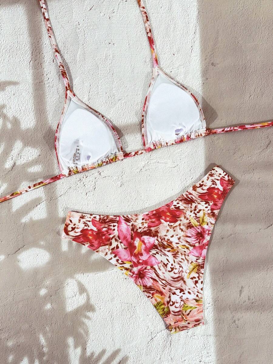 Women's apricot 2-piece halter bikini set featuring a wireless triangle top with tie-back detail and high-waisted high-cut bottoms.