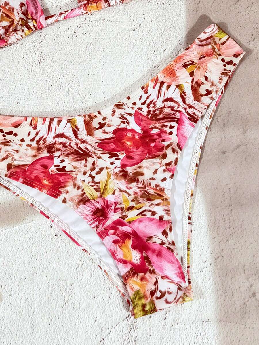 Women's apricot 2-piece halter bikini set featuring a wireless triangle top with tie-back detail and high-waisted high-cut bottoms.