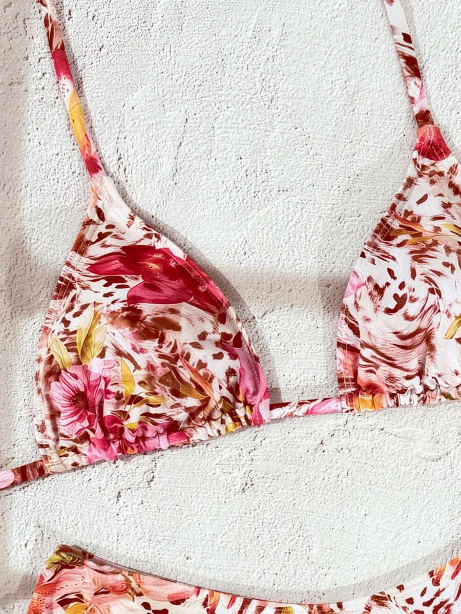 Women's apricot 2-piece halter bikini set featuring a wireless triangle top with tie-back detail and high-waisted high-cut bottoms.