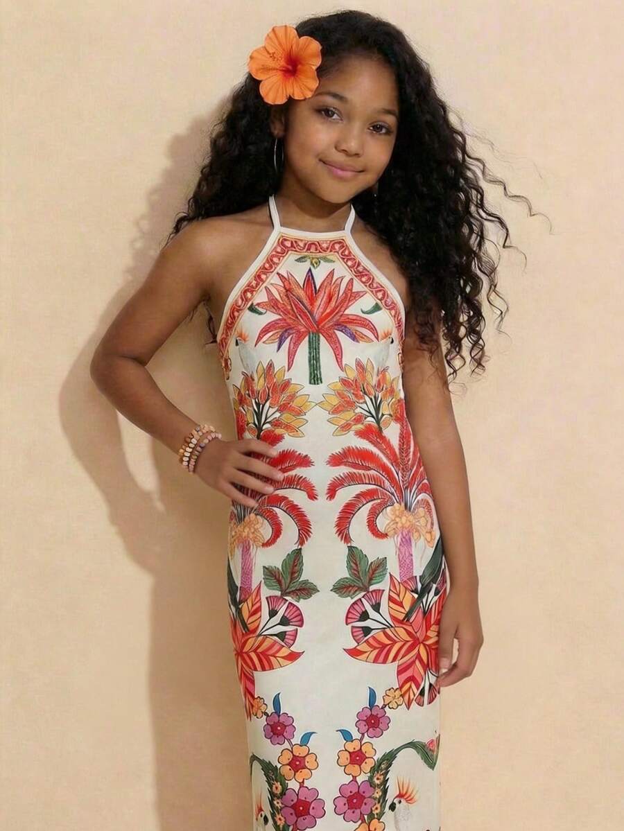 Tween girls halter dress in multicolor Christmas pattern with sleeveless cami design, split detail, slim fit, and long vacation style