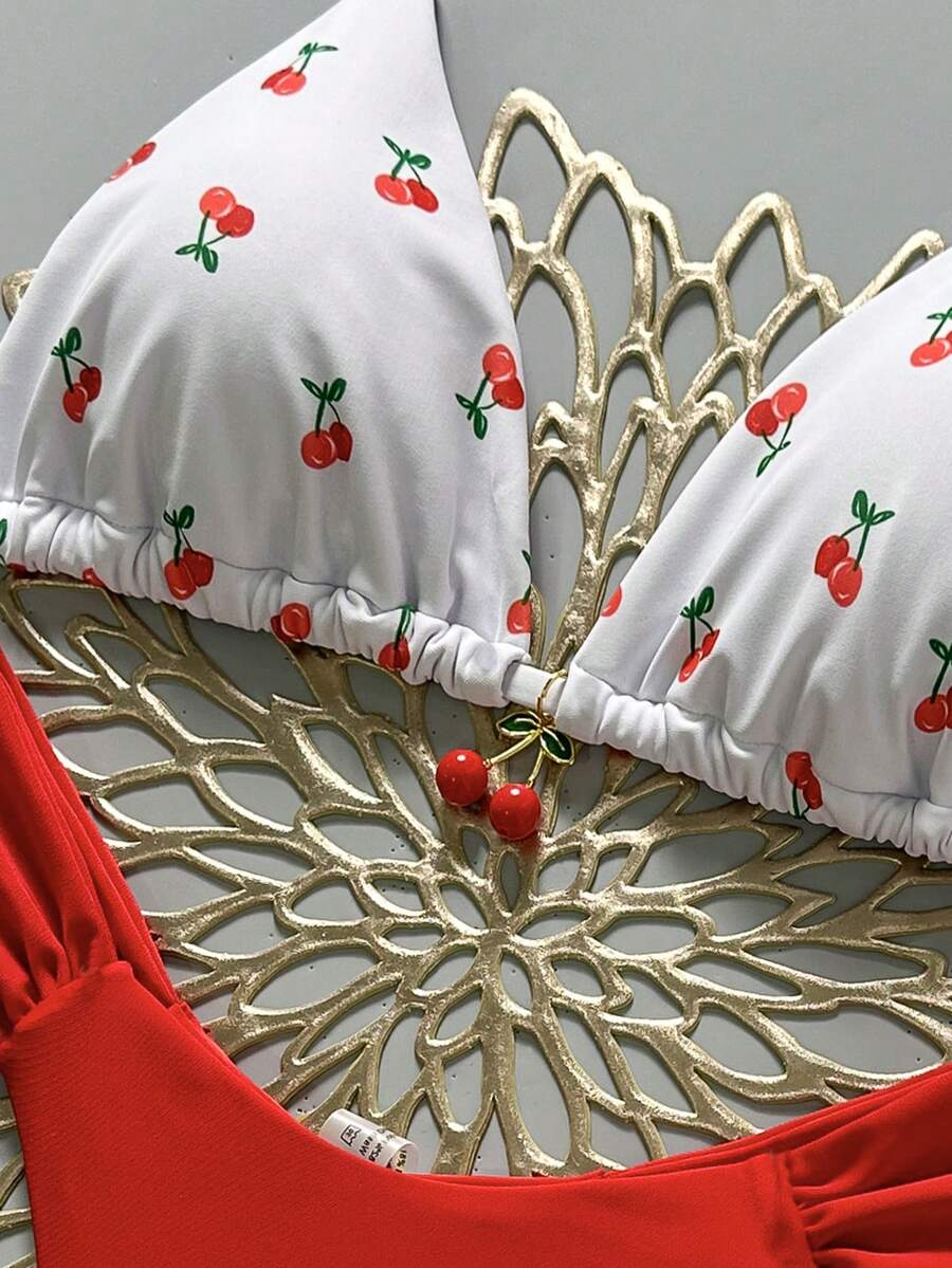 Women's 2-piece triangle cup bikini set in solid color featuring woven pearl shell decoration, halter neckline, and high-waist side-tie ruched bottoms.