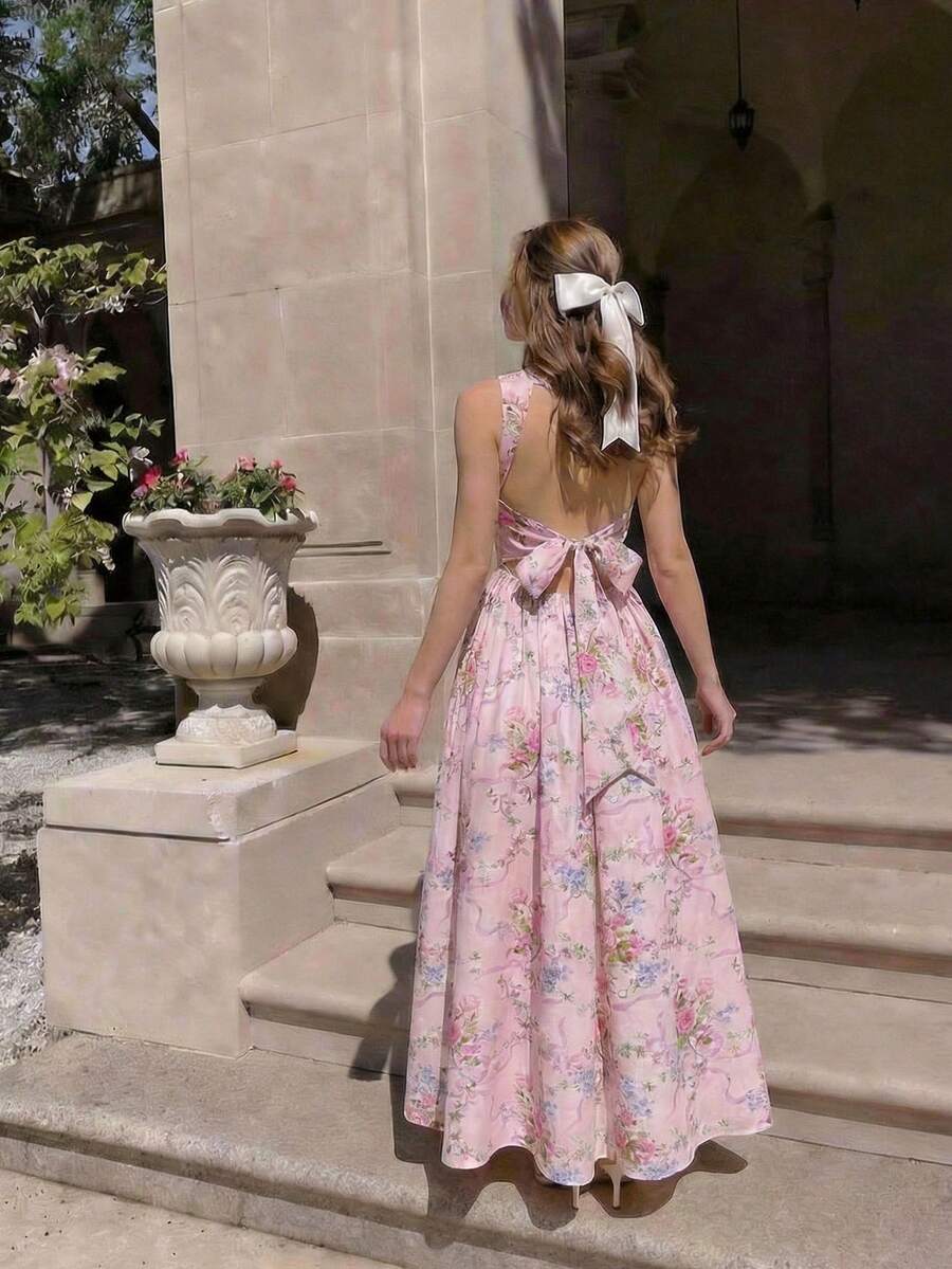 Tween girls pink floral sleeveless A-line midi dress featuring round neck, high waist with belt, contrast lace, and zipper back.