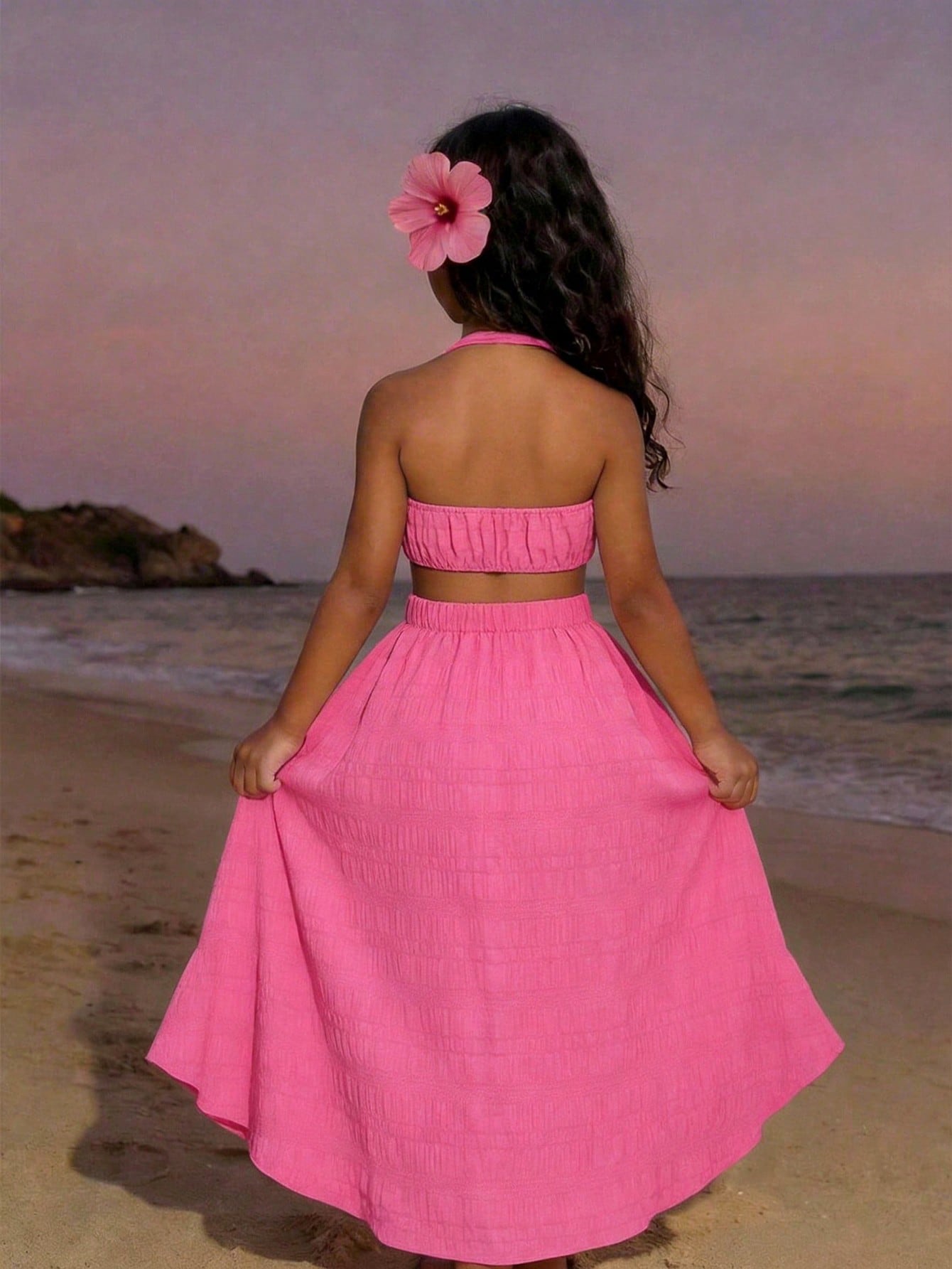 Tween girls floral halter dress with backless sleeveless design, belted high waist, shirred details, appliques, and flared A-line midi silhouette for summer vacation or graduation outfit.