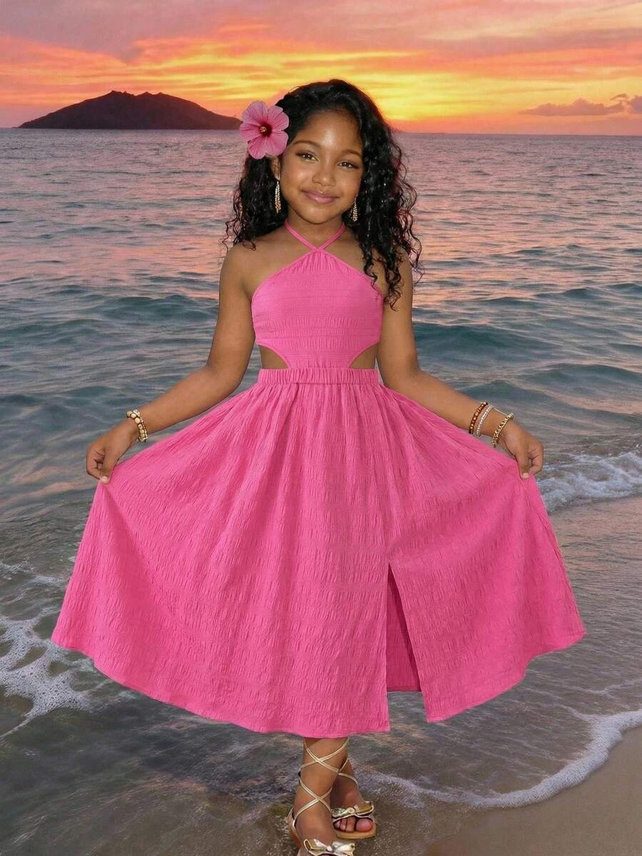 Tween girls floral halter dress with backless sleeveless design, belted high waist, shirred details, appliques, and flared A-line midi silhouette for summer vacation or graduation outfit.